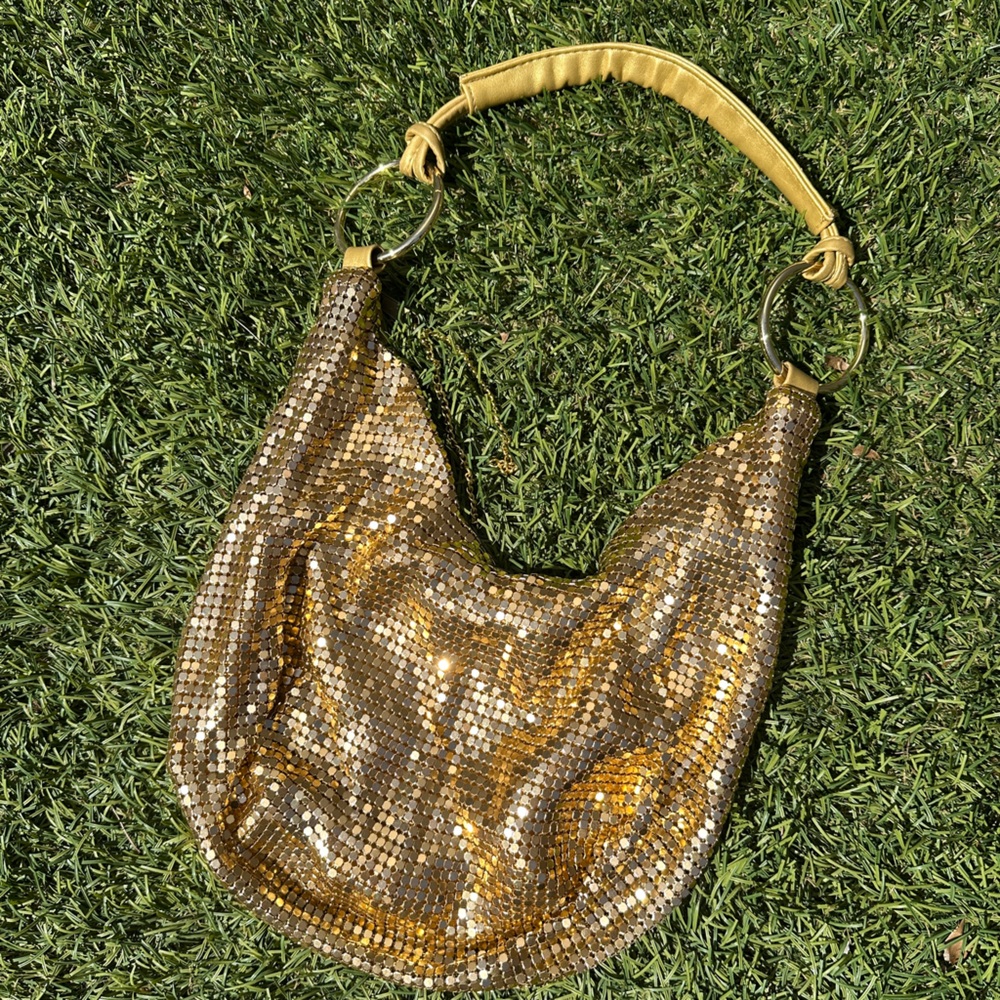 Y2K Shiny Gold O-Ring Slouchy Chainmail Zipper Pull Handbag Shoulder Purse - Picture 3 of 9